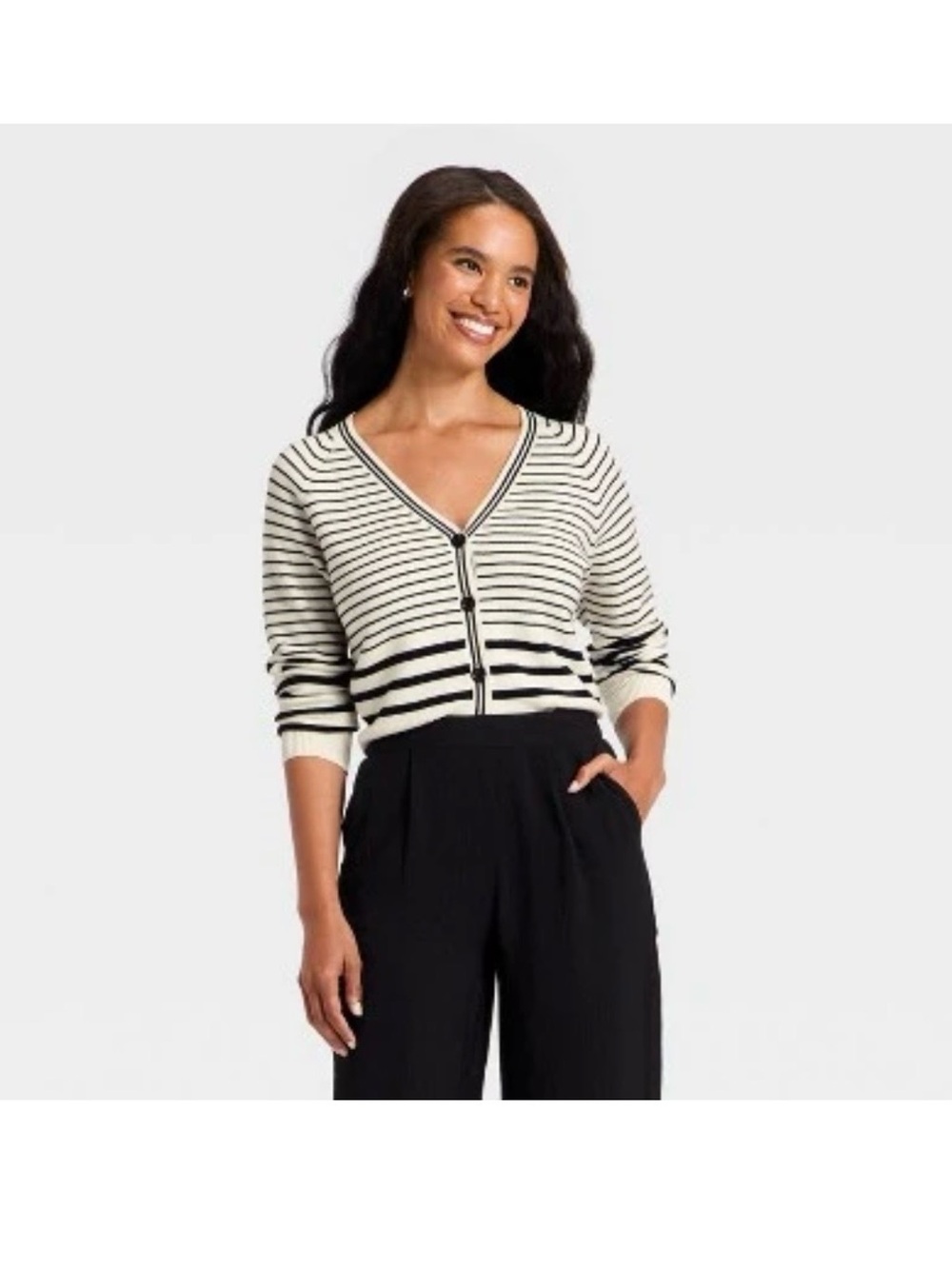 Cropped Black & Cream Striped V-Neck Button Cardigan